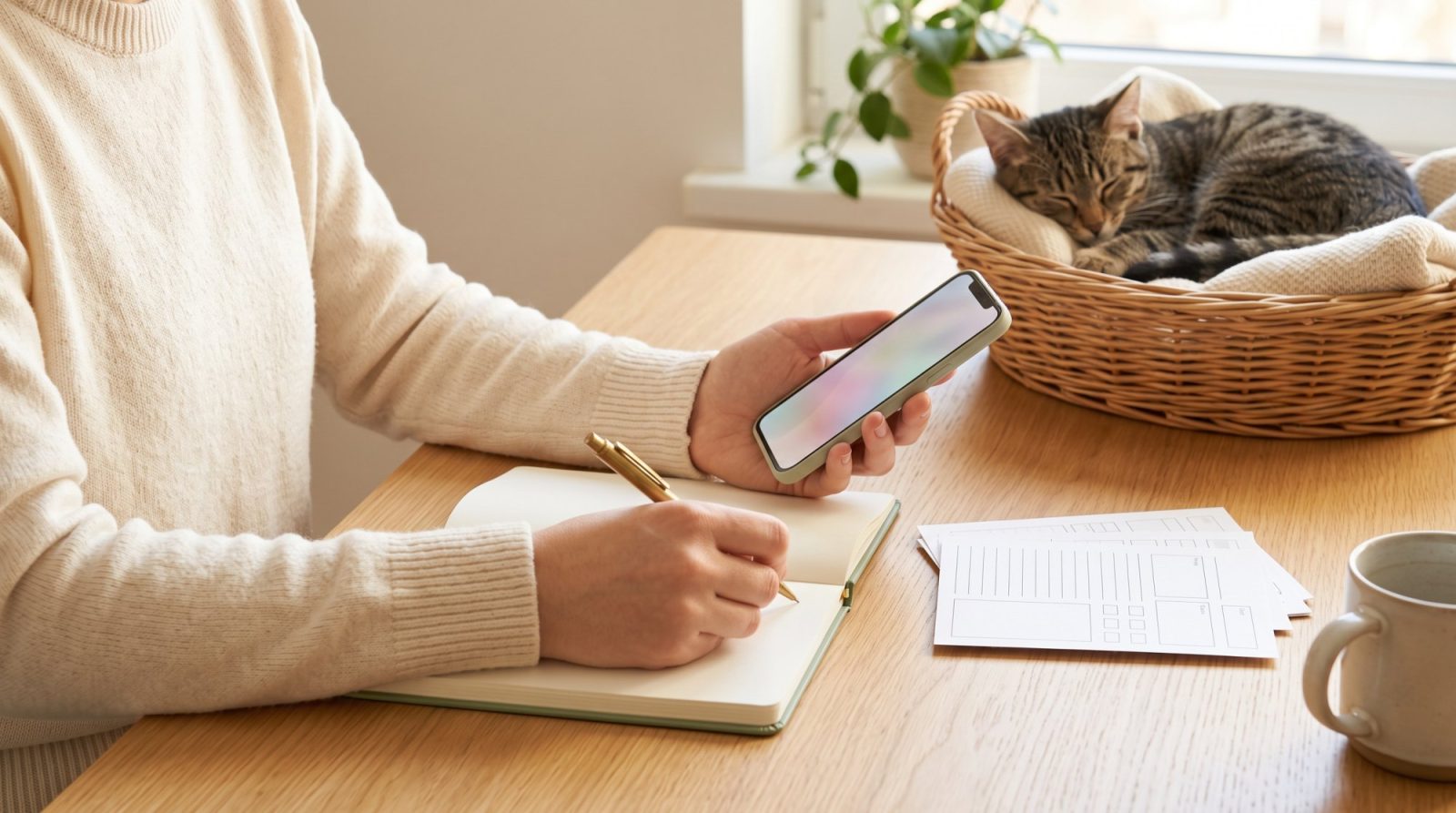 Des mains prennent des notes dans un carnet, un téléphone en main, à côté de formulaires, pendant qu’un chaton tigré dort dans un panier en osier.